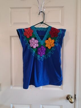 Blue Embroidered Floral Mexican Boho Top